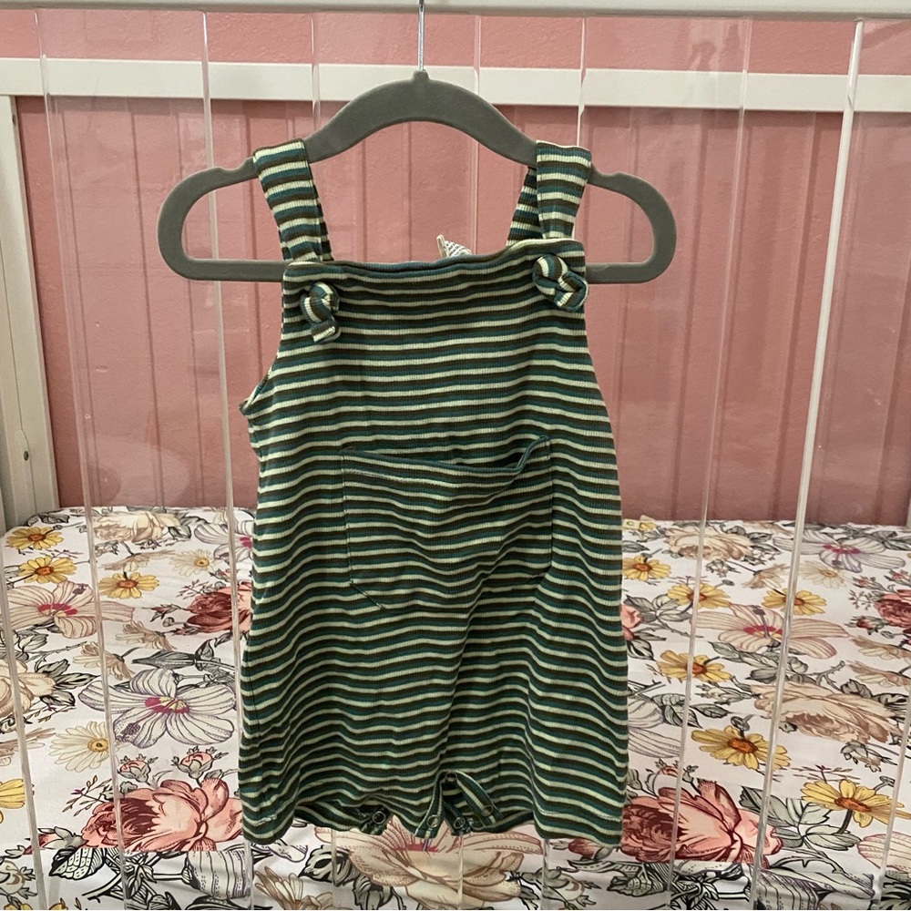 Kate Quinn tie coverall shortie | sagebrush tri-stripe organic cotton skinny rib